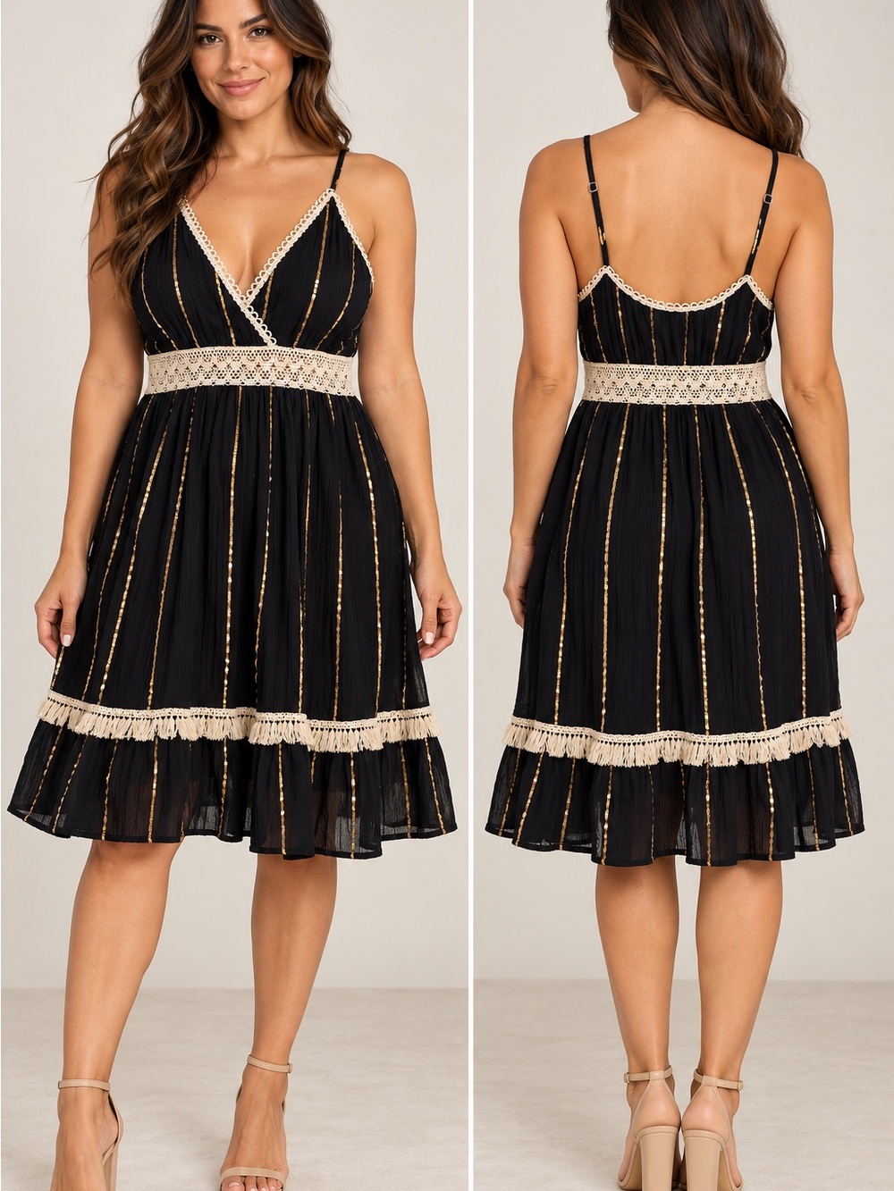 Ashley Taylor Black Midi Dress with Cream Lace & Gold Stripes